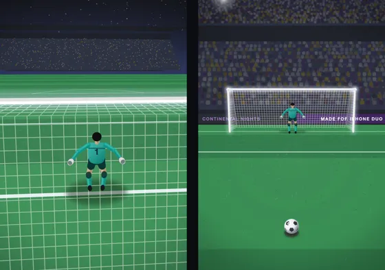 iPhone Duo folded like a book: a camera behind the net on one page, the penalty spot on the other