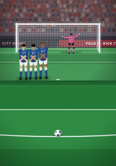 iPhone Duo folded like a laptop: a free kick at the City Derby, the wall and keeper on top, the ball below