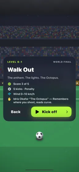 The World Final level card: five kicks against Idris Okafor, The Octopus