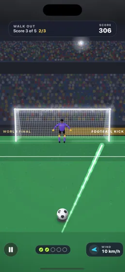 A glowing swipe trail as the ball is struck towards the top corner